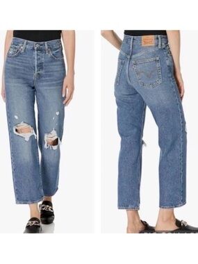 Levi's Ribcage Straight Ankle Distressed Medium Blue Wash Jeans 30x27 NWT